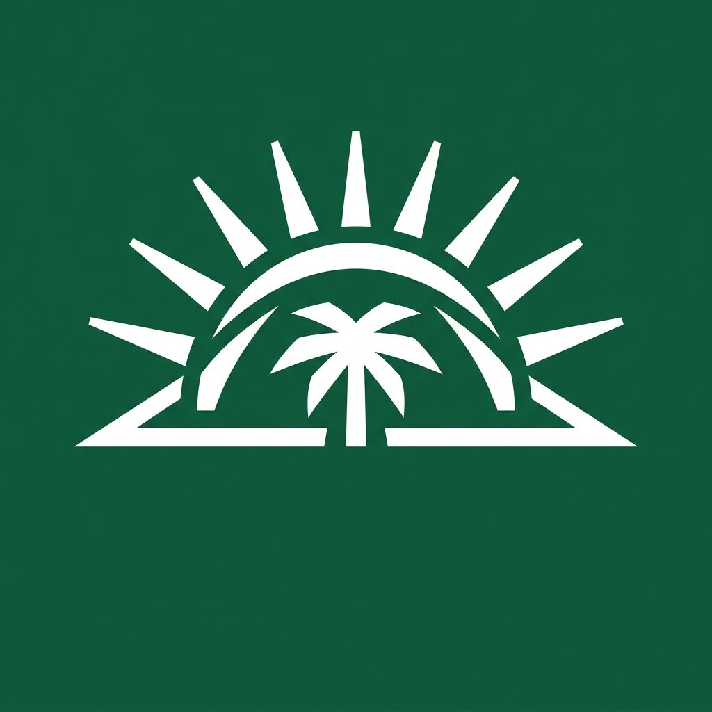 Saudi Vision 2030 Guide logo: white sun rays over a palm tree on deep green