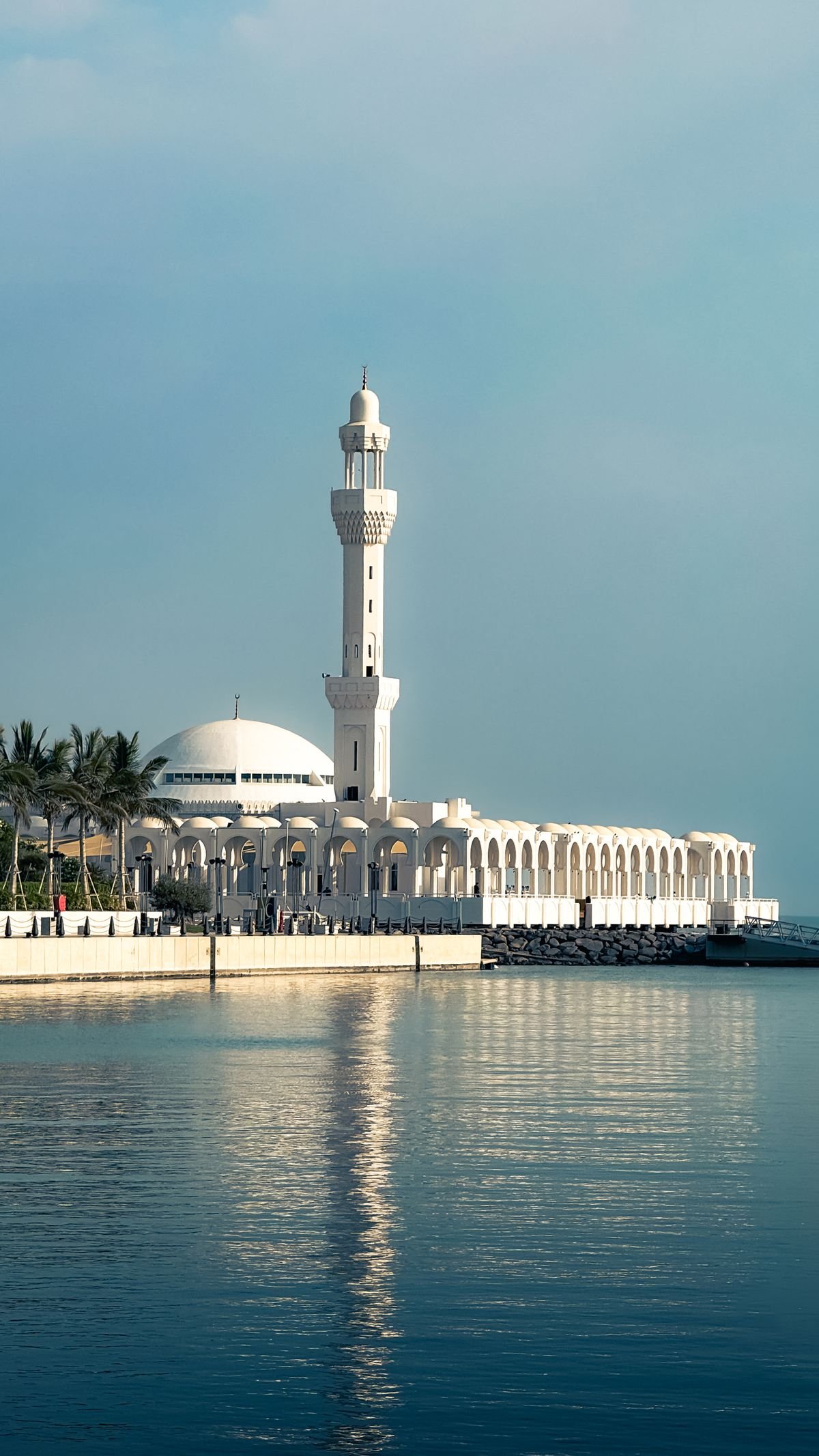 White mosque with minaret beside the Red Sea in Jeddah